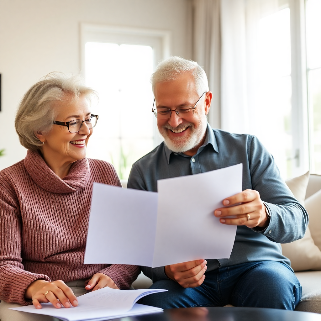 Pareja de adultos mayores felices revisando documentos financieros en casa